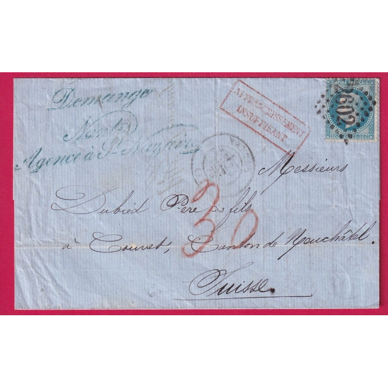 N°29 GC 2062 NANTES LOIRE INFERIEURE TAXE 30 AFFRANC INSUFF POUR COUVET SUISSE 28 OCT 1870 PENDANT LE SIEGE LETTRE COVER