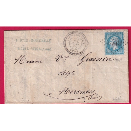 N°22 GC 4549 AIGUES VIVES GARD CAD TYPE 22 POUR NERONDES CHER INDICE 13 LETTRE COVER ETIQUETTE PUB AU DOS