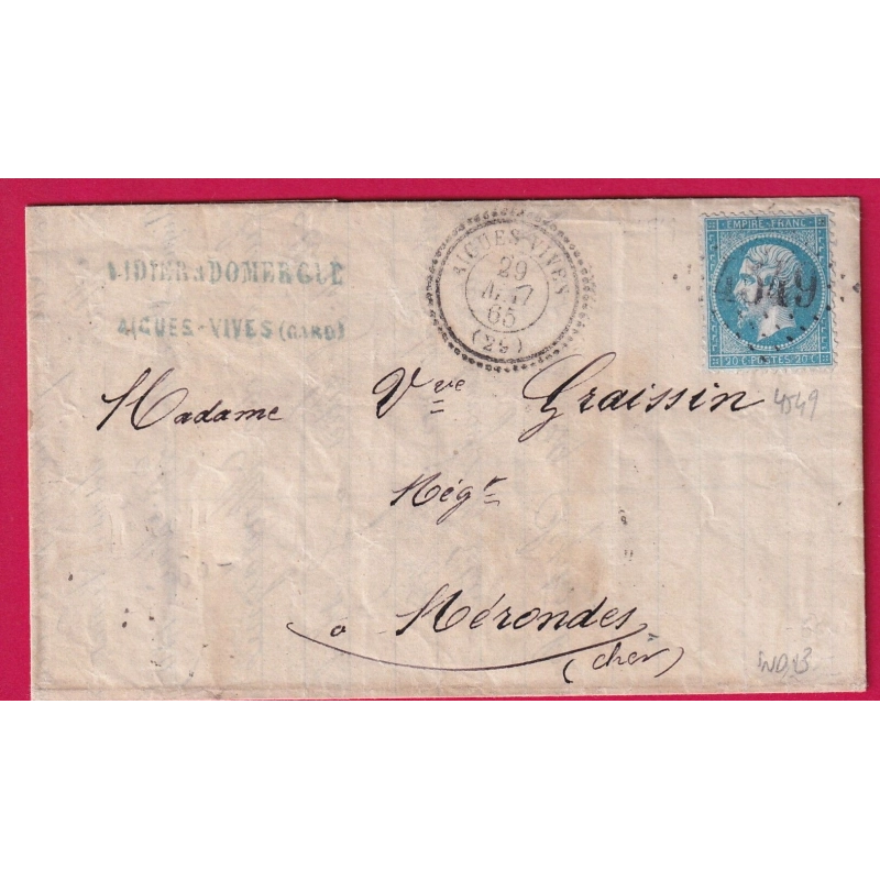 N°22 GC 4549 AIGUES VIVES GARD CAD TYPE 22 POUR NERONDES CHER INDICE 13 LETTRE COVER ETIQUETTE PUB AU DOS