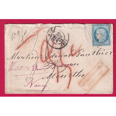 N°60 GC 2656 NICE ALPES MARITIMES POUR BAYON MEURTHE TAXE MANUSCRIT 35C REEXP NANCY ET MOSELLE LETTRE COVER