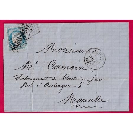 N°60 AJACCIO BATEAU A VAPEUR CORSE 1873 POUR MARSEILLE LETTRE COVER
