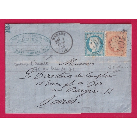 N°60 + 31 GC 2194 MARANS CHARENTE INFERIEURE ERREUR MILLESIME 1870 AU LIEU DE 1871 POUR PARIS LETTRE COVER
