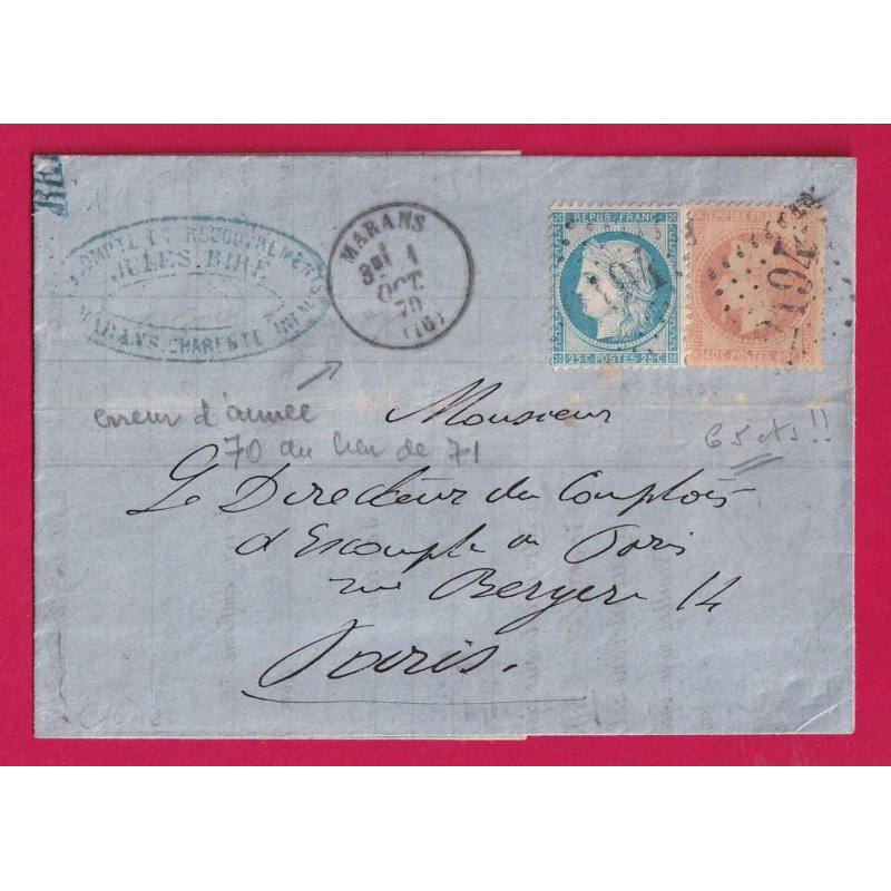 N°60 + 31 GC 2194 MARANS CHARENTE INFERIEURE ERREUR MILLESIME 1870 AU LIEU DE 1871 POUR PARIS LETTRE COVER