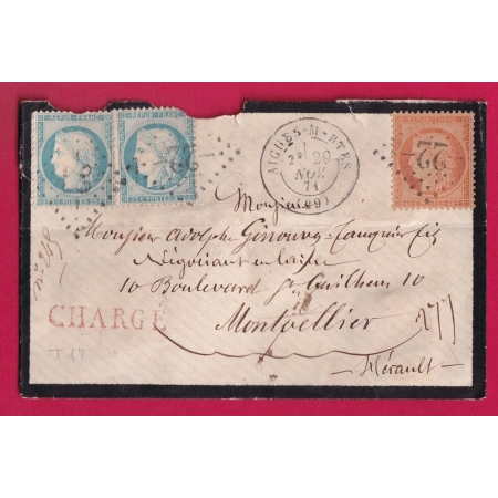 N°60 PAIRE + N°38 GC 22 AIGUES MORTES GARD POUR MONTPELLIER LETTRE CHARGE COVER