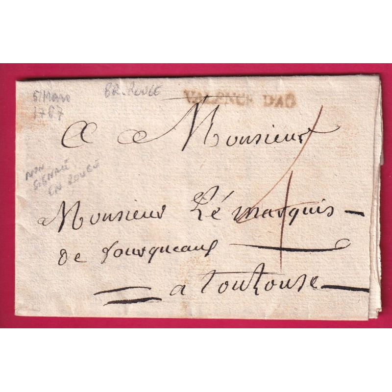 MARQUE VALENCE D'AGEN EN ROUGE 1767 NON SIGNALE PAR LENAIN POUR TOULOUSE LETTRE COVER FRANCE