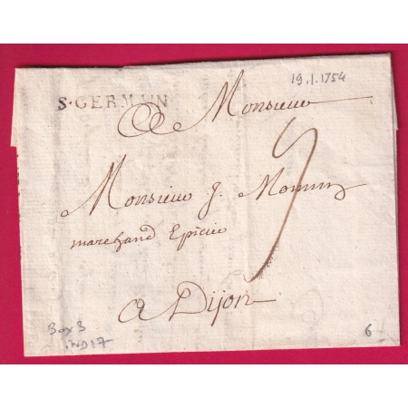 MARQUE ST GERMAIN EN LAYE SEINE ET OISE LENAIN N°6 1754 INDICE 17 POUR DIJON COTE D'OR LETTRE COVER FRANCE