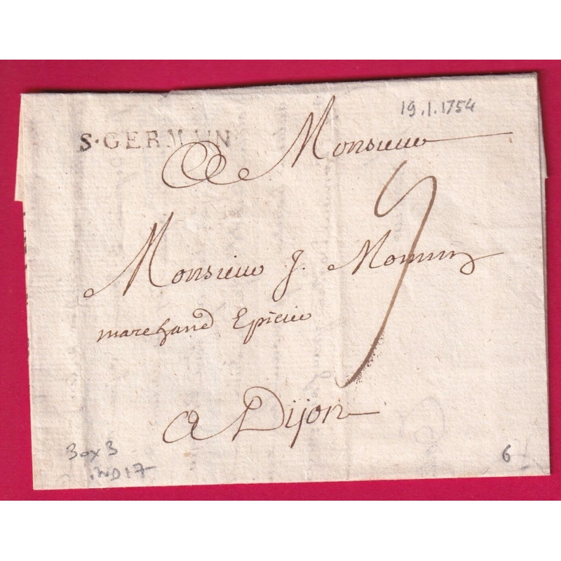 MARQUE ST GERMAIN EN LAYE SEINE ET OISE LENAIN N°6 1754 INDICE 17 POUR DIJON COTE D'OR LETTRE COVER FRANCE