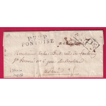 MARQUE P72P PONTOISE EN NOIR 37X10 INDICE 16 POUR PARIS 1818 INDICE 16 LETTRE COVER FRANCE