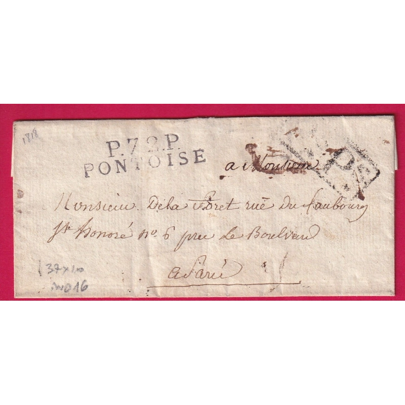 MARQUE P72P PONTOISE EN NOIR 37X10 INDICE 16 POUR PARIS 1818 INDICE 16 LETTRE COVER FRANCE