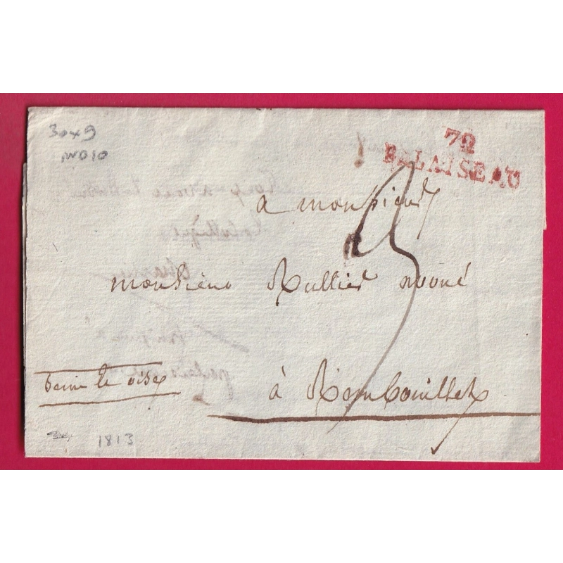 MARQUE 72 PALAISEAU SEINE ET OISE 1813 POUR RAMBOUILLET 30X9 INDICE 10 LETTRE COVER FRANCE