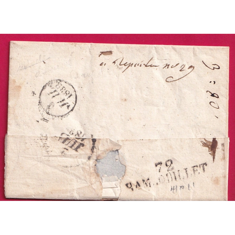 MARQUE 72 RAMBOUILLET SEINE ET OISE UTILISE EN DEBOURSE DEPART PARIS BANLIEUE 1832 LETTRE COVER FRANCE
