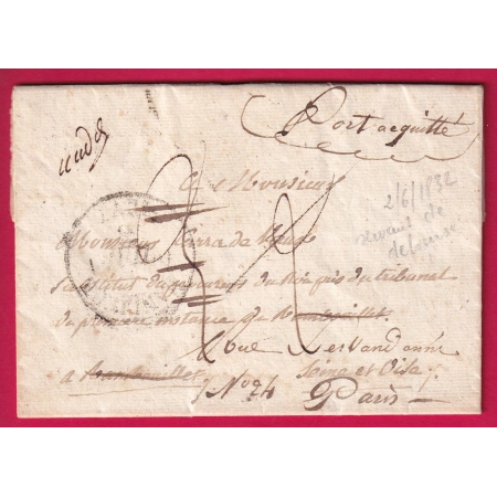 MARQUE 72 RAMBOUILLET SEINE ET OISE UTILISE EN DEBOURSE DEPART PARIS BANLIEUE 1832 LETTRE COVER FRANCE