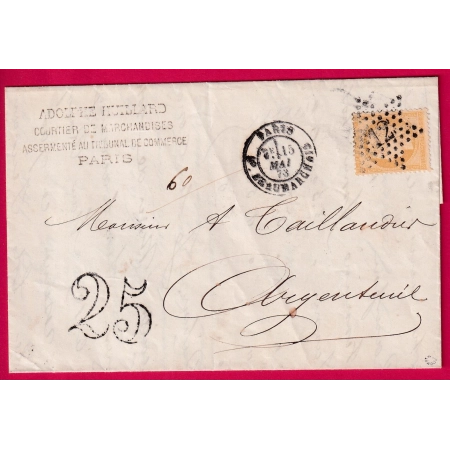 N°59 PARIS ETOILE 12 BT BEAUMARCHAIS TAXE TAMPON 25 POUR ARGENTEUIL SEINE 1873 LETTRE COVER FRANCE
