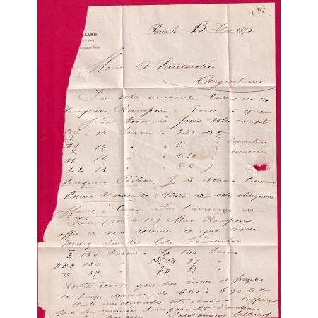 N°59 PARIS ETOILE 12 BT BEAUMARCHAIS TAXE TAMPON 25 POUR ARGENTEUIL SEINE 1873 LETTRE COVER FRANCE