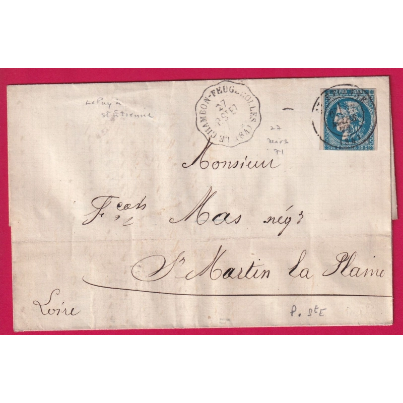 N°46B CAD TYPE 17 ST ETIENNE LOIRE CONVOYEUR STATION LE CHAMBON FEUGEROLLES LOIRE POUR ST MARTIN LA PLAINE LETTRE COVER