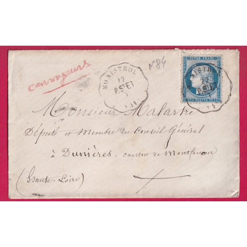 N°60 CONVOYEUR STATION MONISTROL HAUTE LOIRE POUR DUNIERES VIA ST ETIENNE LETTRE COVER