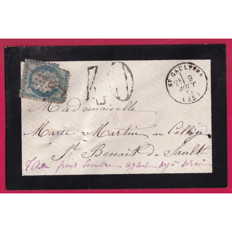 N°60 TAXE 40C TAMPON TIMBRE AYANT DEJA SERVI CAD TYPE 16 ST GAULTIER INDRE POUR ST BENOIT DU SAULT LETTRE COVER