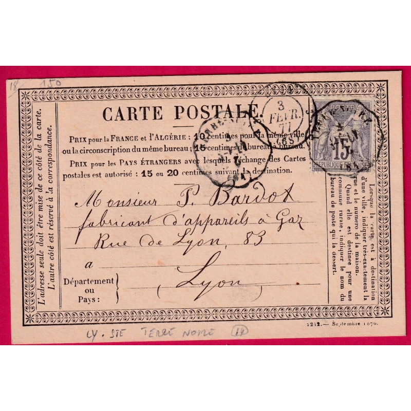 N°77 CONVOYEUR STATION TERRE NOIRE LOIRE POUR LYON INDICE 14 CARTE PRECURSEUR LETTRE COVER