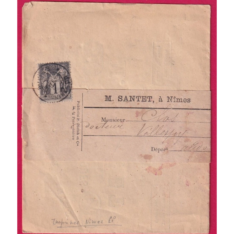 N°89 CAD NIMES IMPRIME PP POUR CENNES MONESTIER AUDE 1898 LETTRE COVER