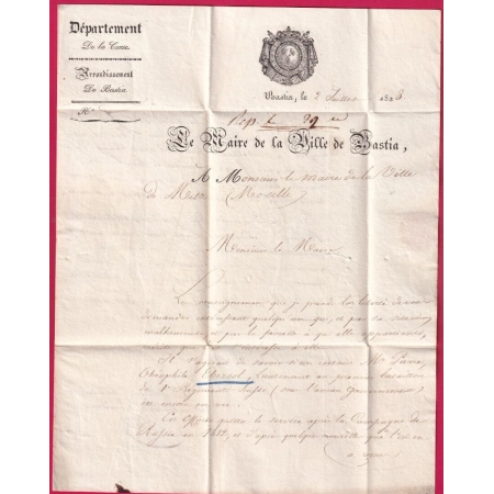 MARQUE P19P BASTIA CORSE FRANCHISE COMMUNE DE BASTIA POUR METZ MOSELLE 1828 LETTRE COVER