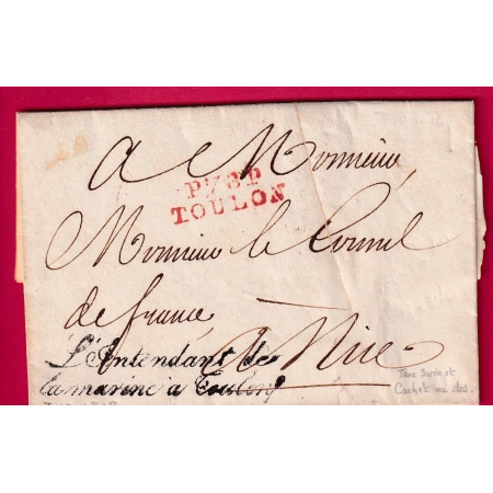 FRANCHISE L'INTENDANT DE LA MARINE A TOULON VAR + P78P TOULON 1818 POUR NICE AU DOS DETAIL TAXE SARDE + FRANCE LETTRE