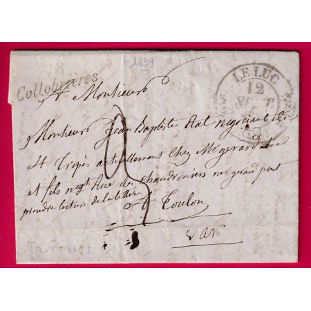 CURSIVE 78 COLLOBRIERES VAR + CAD TYPE 11 LE LUC POUR TOULON 1839 LETTRE COVER
