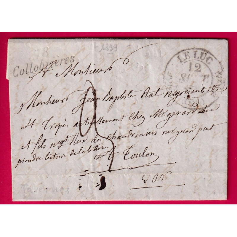 CURSIVE 78 COLLOBRIERES VAR + CAD TYPE 11 LE LUC POUR TOULON 1839 LETTRE COVER
