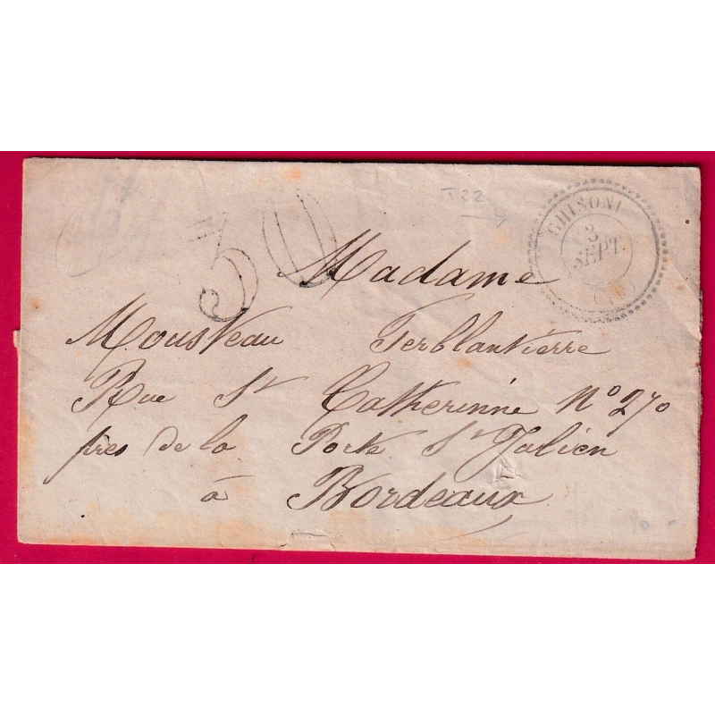 CAD TYPE 22 GHISONI CORSE TAXE TAMPON 30 POUR BORDEAUX 1869 LETTRE COVER