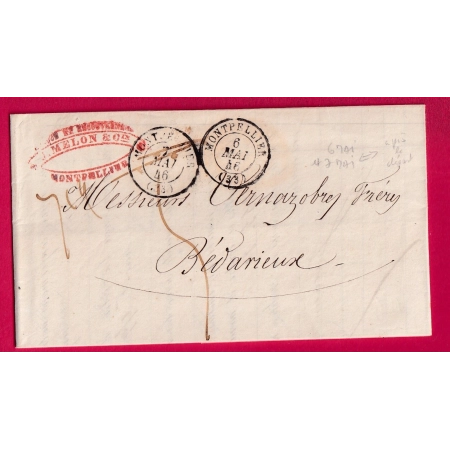CAD TYPE 15 MONTPELLIER PRECUSEUR APRES LE DEPART 6 ET 7 MAI 1846 POUR BEDARIEUX  LETTRE COVER