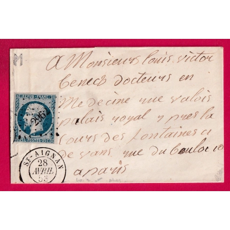 N°10 PC 2962 ST AIGNAN LOIR ET CHER 1853 POUR PARIS SIGNE CALVES LETTRE COVER