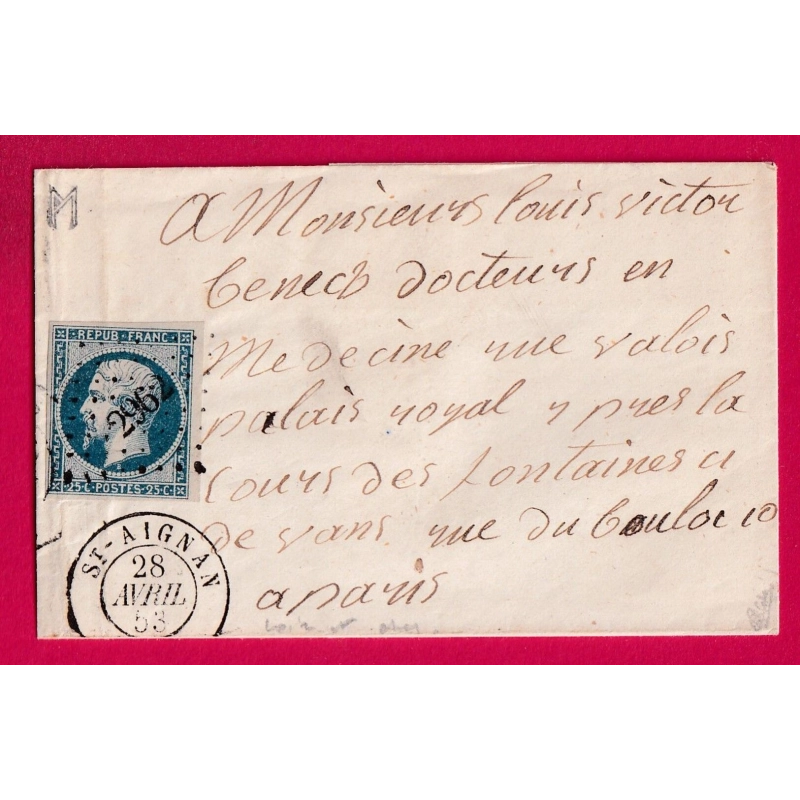 N°10 PC 2962 ST AIGNAN LOIR ET CHER 1853 POUR PARIS SIGNE CALVES LETTRE COVER