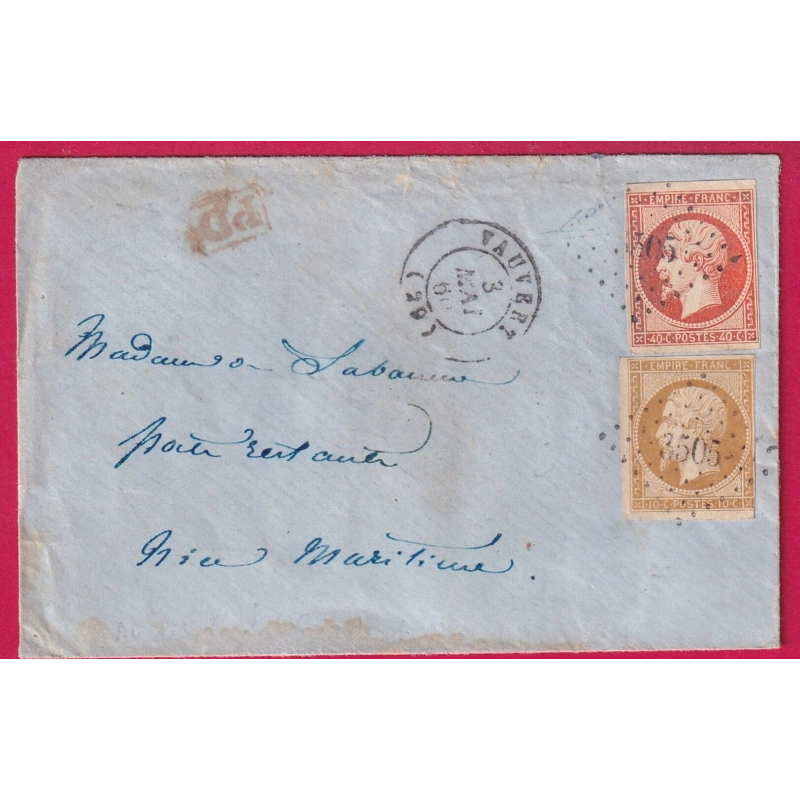 N°13 16 PC 3505 VAUVERT GARD POUR NICE ETAT SARDE 5 MAI 1860 LETTRE COVER