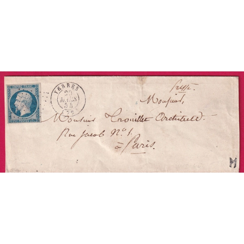 N°15 TB SIGNE CALVES CAD TYPE 15 YERRES SEINE ET OISE POUR PARIS LETTRE COVER