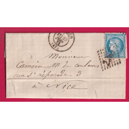 N°60 GC 2387 MONACO POUR NICE ALPES MARITIMES 1872 INDICE 19 LETTRE COVER