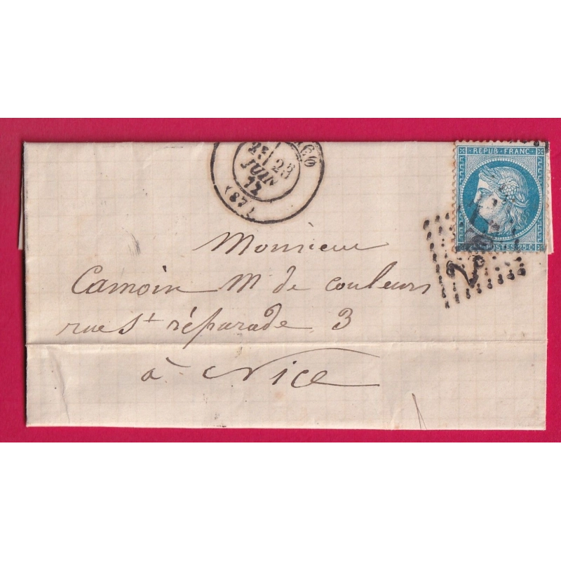 N°60 GC 2387 MONACO POUR NICE ALPES MARITIMES 1872 INDICE 19 LETTRE COVER