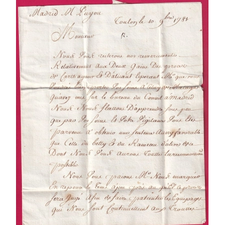 MARQUE TOULON VAR + PARIS 1781 POUR MADRID ESPAGNE TAXE 46 LETTRE COVER