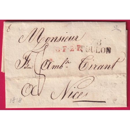 MARQUE 78 TOULON VAR POUR NICE ETATS SARDE CF2R EN ROUGE 1818 LETTRE COVER