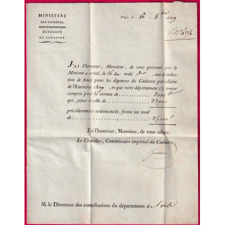 FRANCHISE MINISTRE DES FINANCES PARIS 1809 POUR BEAUVAIS OISE LETTRE COVER
