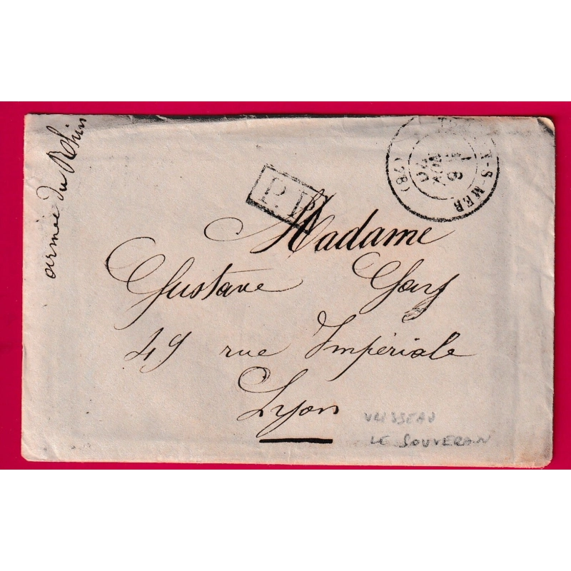 GUERRE 1870 TOULON VAR ECRITE DU VAISSEAU DE GUERRE LE SOUVERAIN NOV 1870 POUR LYON LETTRE COVER