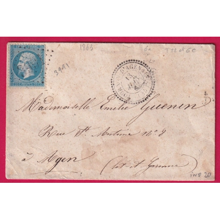 N°22 GC 3991 TOURNON D'AGENAIS CAD TYPE 22 RARE INDICE 20 POUR AGEN LOT ET GARONNE LETTRE COVER