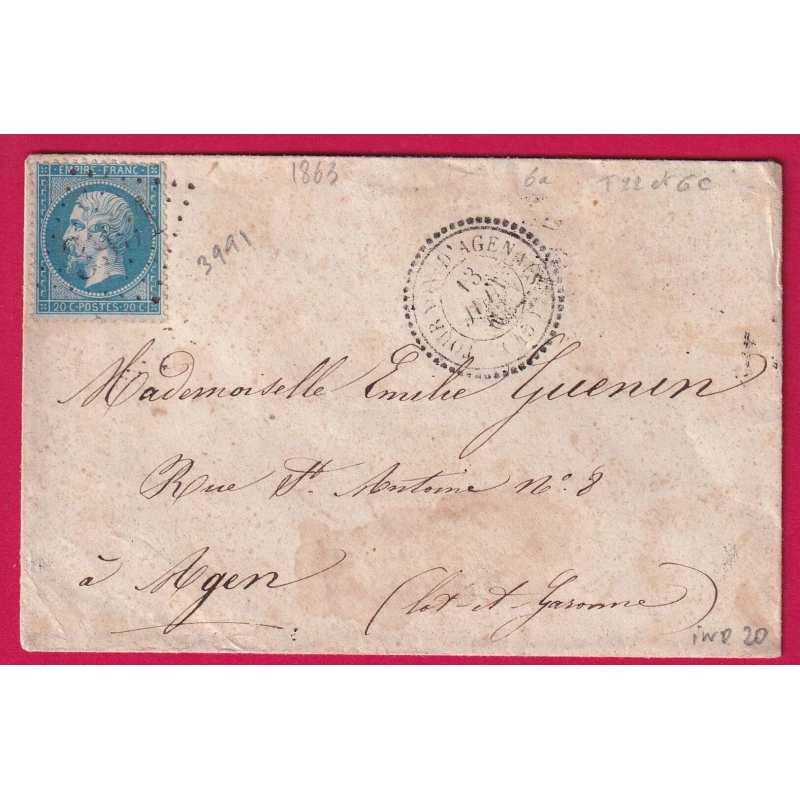 N°22 GC 3991 TOURNON D'AGENAIS CAD TYPE 22 RARE INDICE 20 POUR AGEN LOT ET GARONNE LETTRE COVER