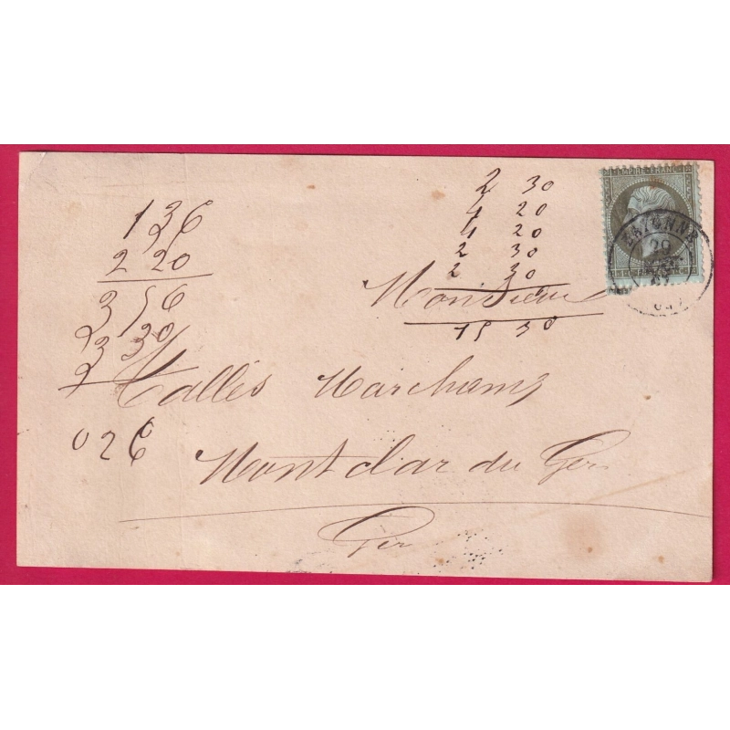 N°19 CAD BAYONNE BASSES PYRENEES 1867 SUR CARTE POUR MONTCLAR DU GERS LETTRE COVER