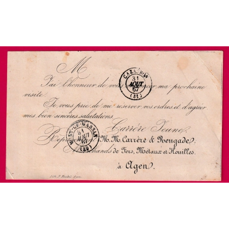 N°19 CAD BAYONNE BASSES PYRENEES 1867 SUR CARTE POUR MONTCLAR DU GERS LETTRE COVER