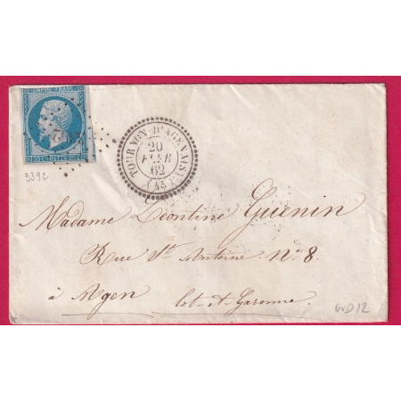 N°14 PC 3392 TOURNON D'AGENAIS LOT ET GARONNE CAD TYPE 22 POUR AGEN LETTRE COVER