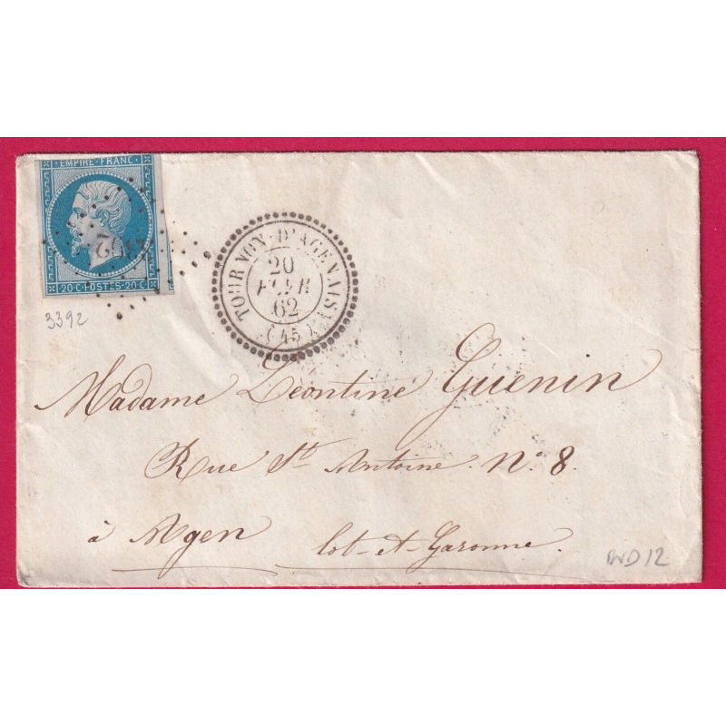 N°14 PC 3392 TOURNON D'AGENAIS LOT ET GARONNE CAD TYPE 22 POUR AGEN LETTRE COVER