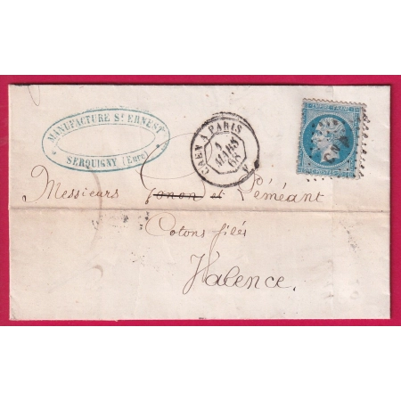N°22 AMBULANT DE JOUR CAEN A PARIS 1868 LOSANGE CNP POUR VALENCE DROME LETTRE COVER