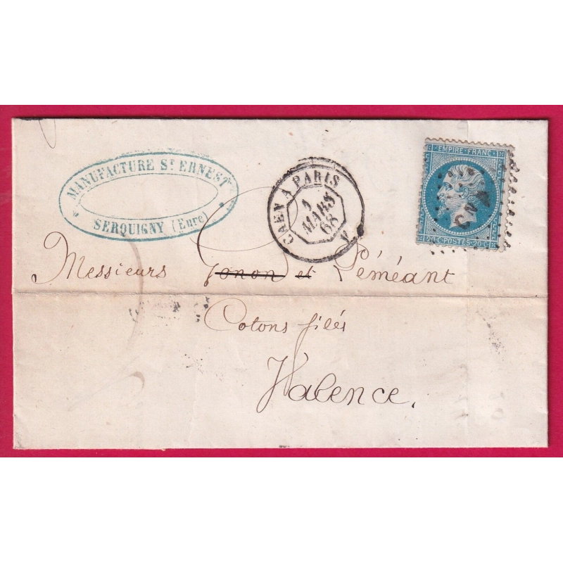 N°22 AMBULANT DE JOUR CAEN A PARIS 1868 LOSANGE CNP POUR VALENCE DROME LETTRE COVER