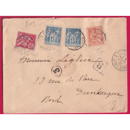 N°90 + 112 + 117 MIXTE SAGE MOUCHON PARIS BD MALHERBES RECOMMANDE POUR DUNKERQUE NORD LETTRE COVER