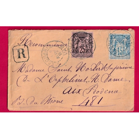 N°97 101 CAD BLEU ST ZACHARIE VAR RECOMMANDE POUR AIX EN PROVENCE 1893 LETTRE COVER