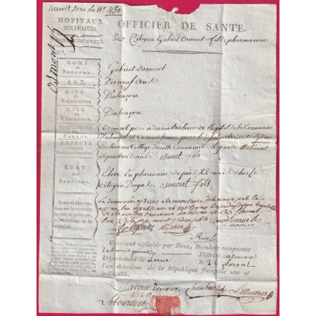 FRANCHISE COMMISSION DES SECOURS PUBLICS AN2 1796 ALENCON ORNE POUR LA MONTAGNE HOPITAUX MILITAIRE PHARMACIEN LETTRE